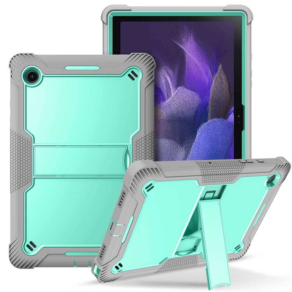 Adjustable built-in kickstand on the teal Heavy Duty Case For Samsung Galaxy Tab A8 for hands-free viewing.
