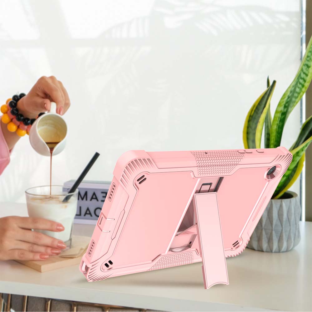 Built-in support holder on the pink Heavy Duty Case For Samsung Galaxy Tab A8 for hands-free viewing.