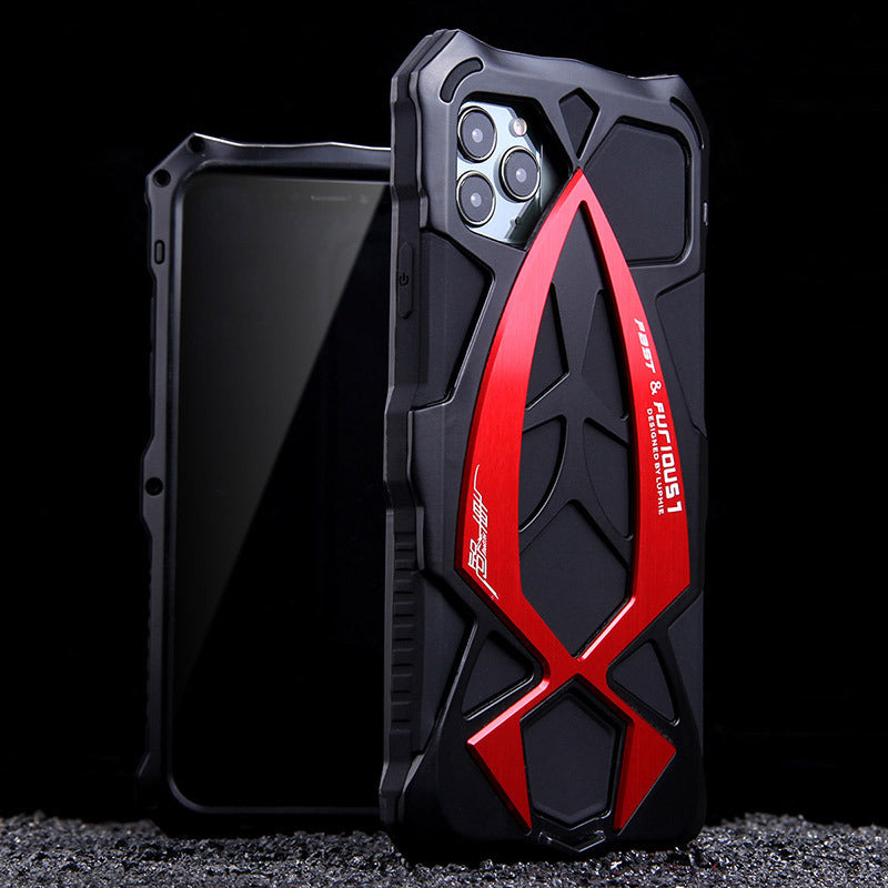 Precise CNC metal construction of the Compatible with Apple Rugged mobile phone case in red and black.