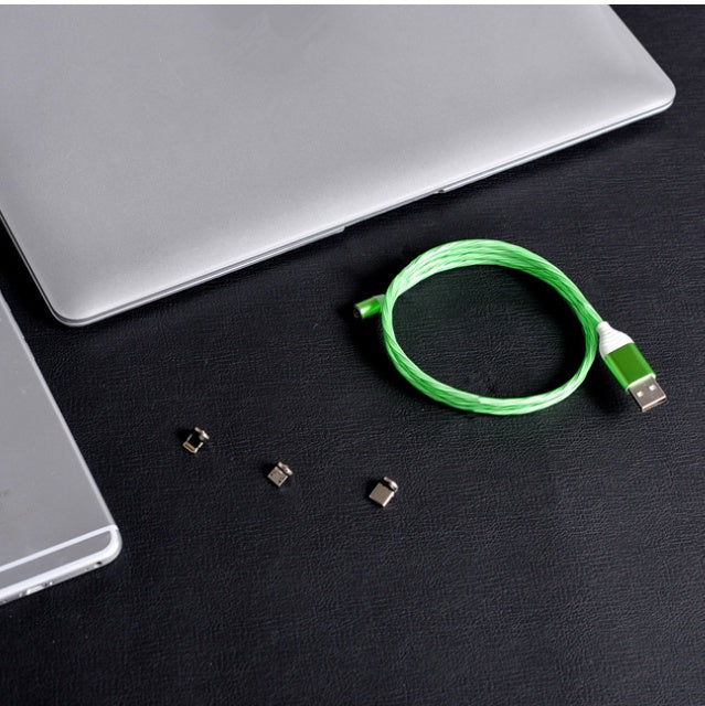 Green glowing Magnetic Circular Magnetic Streamer Charging Cable neatly organized for travel and storage.