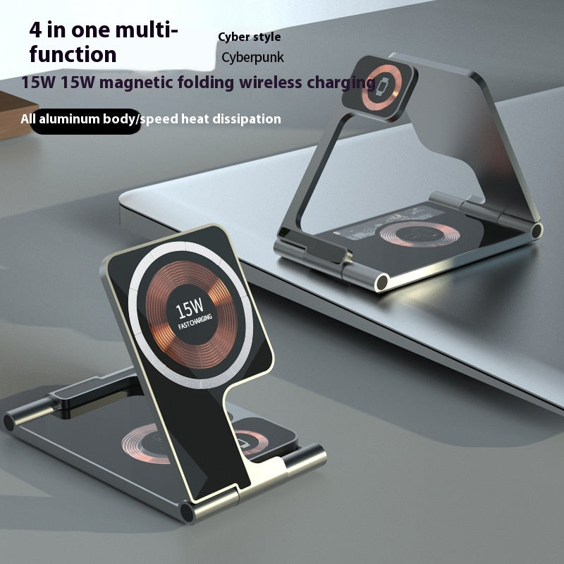 New Magnetic 4-in-1 Wireless Charger simultaneously charging an iPhone, Apple Watch, and AirPods.