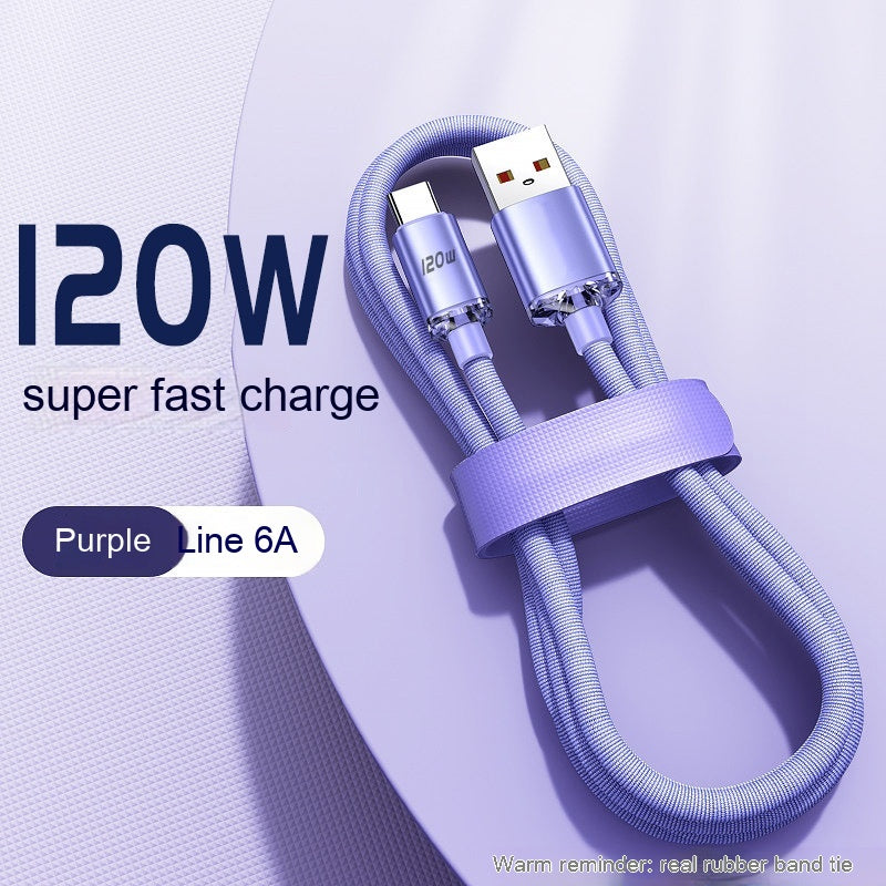 Durable purple 120W Data Cable Type-C Mobile Phone Charging Cable with a high-quality woven exterior.