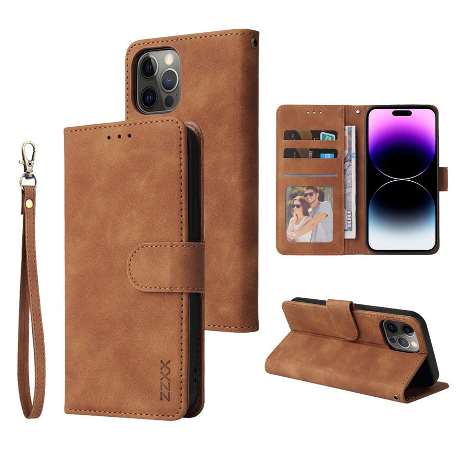 Premium brown Flip Case Wallet Card Holder for Samsung and iPhone with integrated wrist strap and kickstand.