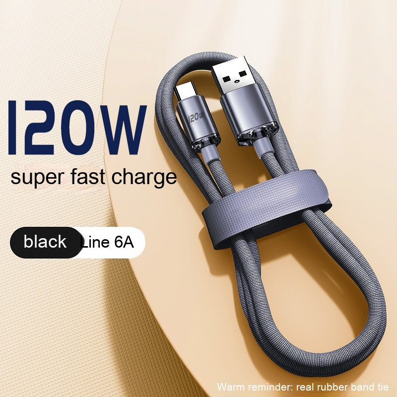 Premium black 120W Data Cable Type-C Mobile Phone Charging Cable for super fast charging.