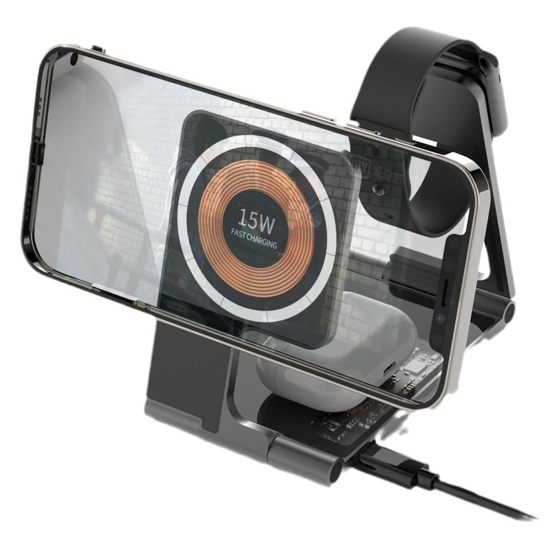 Complete New Magnetic 4-in-1 Wireless Charger station layout including a smartphone, smartwatch, and wireless earbuds.