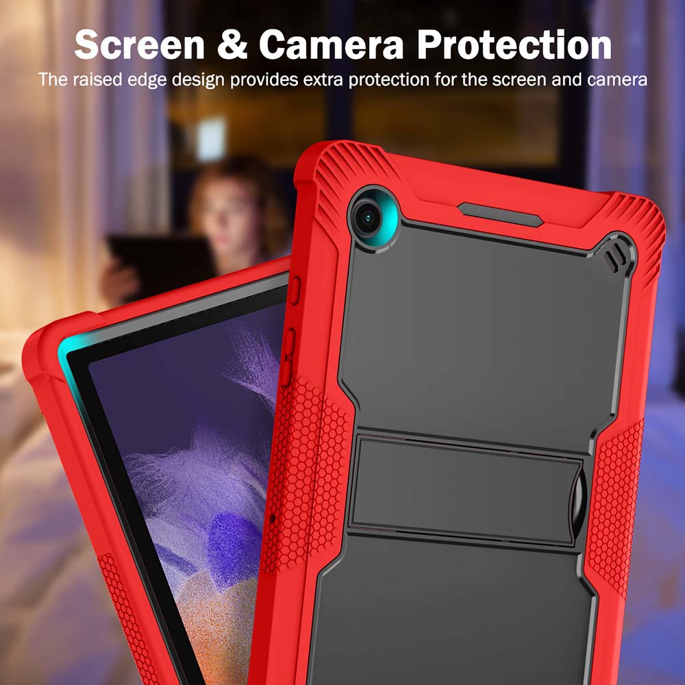 Dual-layer shockproof construction of the Heavy Duty Case For Samsung Galaxy Tab A8 in vibrant red.