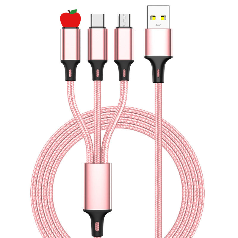 Stylish pink Three-in-one Multi-head Charging Cable compatible with Apple and Android models.
