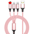 Stylish pink Three-in-one Multi-head Charging Cable compatible with Apple and Android models.